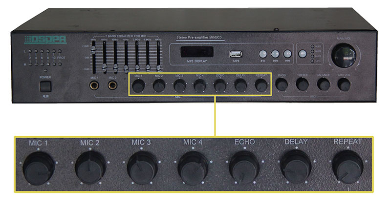Front panel & Rear panel connection of MK6920 2×120W Professional Stereo Mixer Amplifier